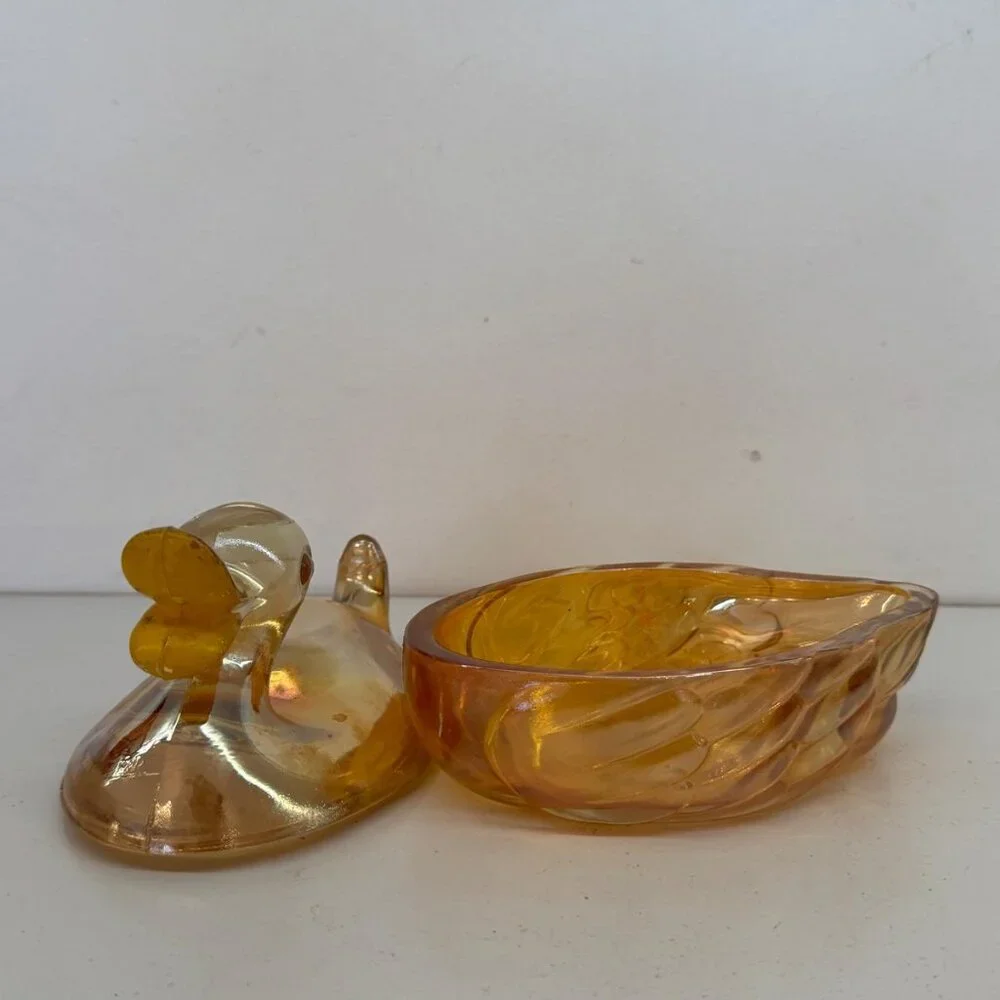 Jeanette Duck Powder Dish Iridescent Amber Glass Trinket Mamma Quack 1940's
